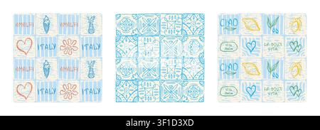 Amalfi style seamless pattern with hearts, ice cream, vases with flowers, majolica tiles, lemons, leaves and slogans. Retro stylized Italian mosaic am Stock Vector