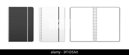 Spiral notebook mockup with open and closed notepads, realistic blank journal covers and pages for planner, diary, stationery, office branding and presentation design. Vector set. Stock Vector