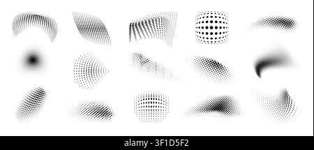 Halftone dotted abstract patterns with warped optical dot waves, geometric 3D illusion shapes and monochrome futuristic vector elements isolated on white. Stock Vector