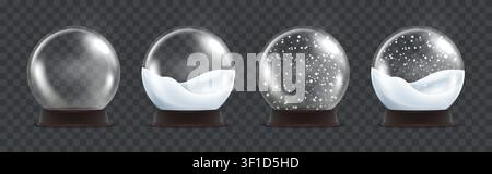 Transparent glass snow globes with wooden bases and winter snow variations isolated for Christmas decoration, mockup, and festive design. Vector set. Stock Vector