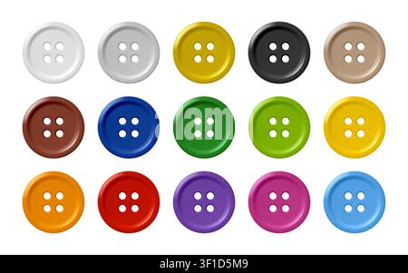 Colorful four-hole sewing buttons realistic 3D vector illustration for tailoring, garment craft and haberdashery, glossy plastic round fasteners isolated. Stock Vector
