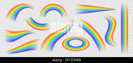 Realistic rainbow arcs and spectrum stripes set with soft blurred glow, colorful curved swooshes, ring and wave elements isolated on transparent background for decorative design. Stock Vector