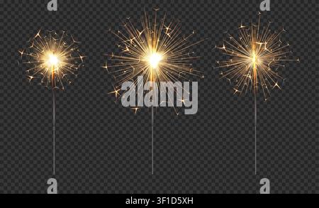 Realistic golden sparklers set with glowing sparks and bright firework burst effect isolated on transparent background, festive celebration decoration for holiday party design. Vector set. Stock Vector