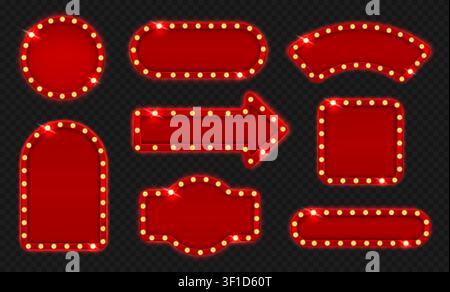Red marquee light bulb signs and glowing cinema frames, retro illuminated arrow, circle and banner templates for casino, theater, storefront, circus box board. Vector set. Stock Vector