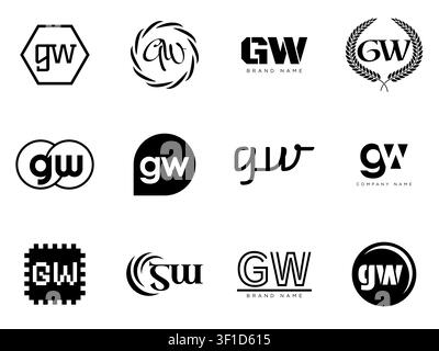 GW logo company template. Letter g and w logotype. Set different classic serif lettering and modern bold text with design elements. Initial font typog Stock Vector