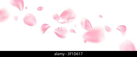 Falling pink sakura or rose petals isolated with soft blurred floral motion for romantic spring wedding invitation banner or beauty spa design. Vector background. Stock Vector