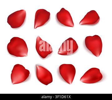 Realistic red rose petals scattered on white background, glossy floral blossom elements for romantic wedding invitation, Valentine greeting card, cosmetics, spa and beauty design. Vector 3D set. Stock Vector
