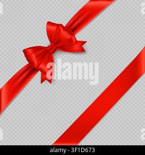 Red gift ribbon with satin bow in diagonal wrapping layout, realistic glossy silk decorative band isolated for holiday packaging, greeting card and sale design. 3D realistic illustration. Stock Vector