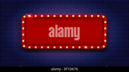 Red marquee neon 3d sign on blue brick wall with glowing light bulbs and blank copy space, retro casino theater circus billboard for nightclub, carnival storefront and event advertising vector design. Stock Vector