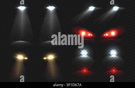 Car headlights and taillights set with realistic glowing beams, road spotlights and automotive light effects isolated on transparent background for vehicle, transport and overlay. 3D vector set. Stock Vector