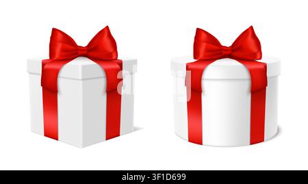 White 3D gift boxes with red satin bows and glossy ribbons, realistic square and round present packages for holiday celebration, Christmas, birthday, wedding, sale and luxury retail. Vector mockup. Stock Vector