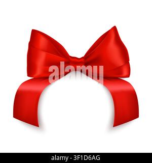 Red gift bow with glossy satin ribbon tails, realistic silk knot and folds on gift box isolated for holiday packaging, present decoration, Christmas greeting card and sale design. 3D vector mockup. Stock Vector