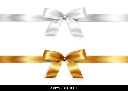 White and gold satin ribbon bows with glossy horizontal bands, realistic 3D gift wrapping elements isolated for luxury packaging, wedding, holiday and celebration design. Vector mockup. Stock Vector
