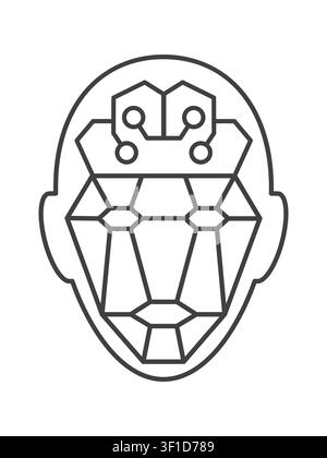 A minimalist line art vector icon depicting a cybernetic human head with a digital brain circuit and geometric facial recognition grid, ideal for arti Stock Vector