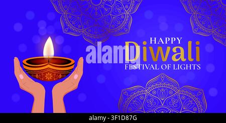 Vector banner for the Diwali festival of lights, featuring hands holding a diya lamp and mandala patterns Stock Vector