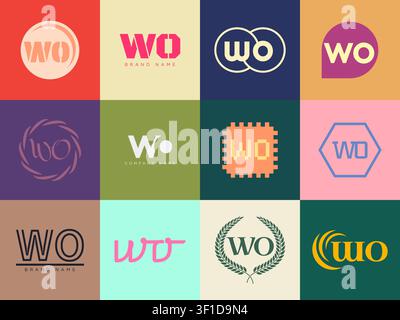 WO logo company template. Letter w and o logotype. Set different classic serif lettering and modern bold text with design elements. Initial font typog Stock Vector