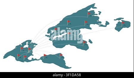 Modern isometric world map vector illustration depicting global networks, shipping logistics, and business connections with red flag pins and dashed l Stock Vector