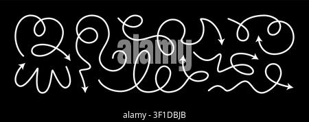 Squiggly dotted arrow, vector dashed curved line arow set. Rise and fall change plan, doodle shaped pointer map element. 3d dynamic curly direction Stock Vector