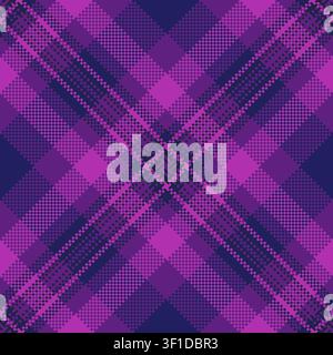 Layered plaid vector fabric, decoration check texture textile. Celtic pattern tartan seamless background in violet and purple colors palette. Stock Vector