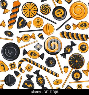 Seamless pattern of black and orange sweets, candies and lollipops for Halloween. Vector background. Stock Vector
