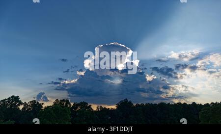 Large storm cloud above the tree line in the bright blue hour with the sun going down behind causing rays above the top part of the cloud with the bot Stock Photo