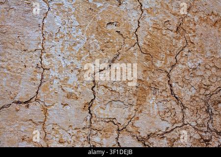 Cracked clay wall texture with rough weathered surface, close up. Old weathered terracotta clay wall with deep cracks and scratches representing rusti Stock Photo