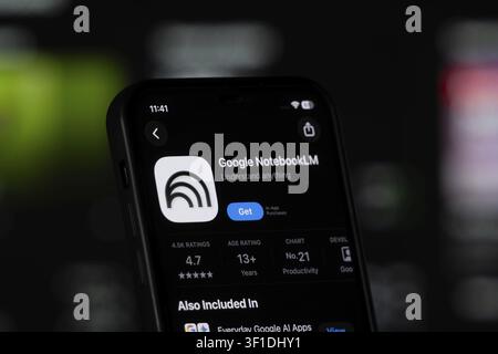 San Francisco, USA - 11 July 2026: App Store page of the Google NotebookLM app is seen on a smartphone screen Stock Photo