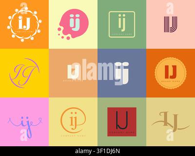 IJ logo company template. Letter i and j logotype. Set different classic serif lettering and modern bold text with design elements. Initial font typog Stock Vector