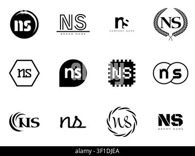 NS logo company template. Letter n and s logotype. Set different classic serif lettering and modern bold text with design elements. Initial font typog Stock Vector
