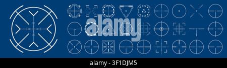 Crosshair blue aim hud big set isolated. Aiming bullseye signs icons pack. Sniper weapon scope shooting games template. Crosshair military hud red foc Stock Vector