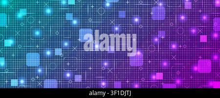 Cyan and violet fui HUD grid background. Hi tech GUI digital dashboard interface. Futuristic VR game ai screen. Mesh pattern in blueprint style. Vecto Stock Vector
