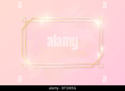 Gold shiny glowing art rectangle frame with rose pastel brush strokes isolated on pink background. Golden luxury line border for invitation, card, sal Stock Vector