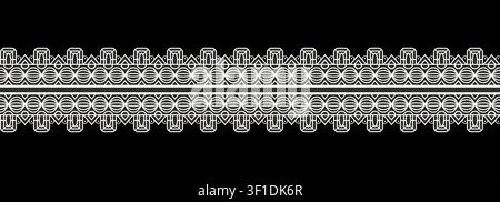 Seamless realistic textured lace border pattern isolated on black. Vintage crochet embroidery frame. Classic ornament border trim ribbon line. Vector Stock Vector