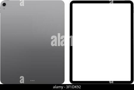 Photorealistic detailed modern grey tablet mockup. Front and rear view isolated on transparent background. Vector PNG Stock Vector