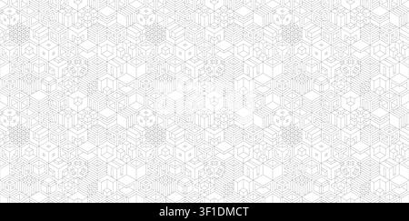 Seamless isometric geometric cube pattern with thin outline drawings. Perfect minimalist technical background for architecture, technology, blockchain Stock Vector