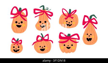 Cute Halloween pumpkin clipart set with orange pumpkins decorated with bright pink bows on a white background, playful children illustration collection for stickers, nursery decor, greeting cards, picture books, scrapbooking, classroom activities, and seasonal kids design projects Stock Vector