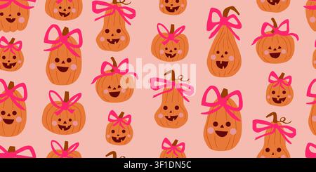 Seamless cute girly Halloween pattern with orange jack o lantern pumpkins decorated with pink bows on a soft pink background, playful spooky repeat design for kids fabric, wallpaper, wrapping paper, scrapbook paper, seasonal decor, and trendy autumn projects Stock Vector