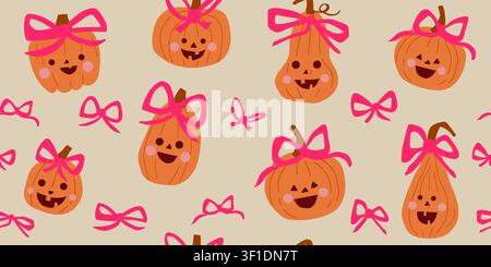 Seamless girly Halloween pattern with carved orange jack o lantern pumpkins, pink bows, and decorative bow elements on a warm beige background, cute creepy repeat design for kids fabric, wallpaper, wrapping paper, scrapbook paper, seasonal decor, and trendy autumn projects Stock Vector