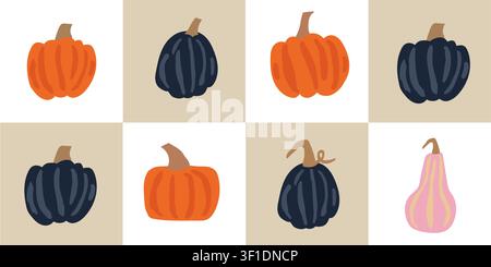 Seamless patchwork pumpkin pattern with minimalist orange, pink, and black pumpkins arranged in repeating checkerboard squares, stylish Halloween repeat design for kitchen textiles, wallpaper, wrapping paper, scrapbook paper, seasonal decor, and modern autumn home projects Stock Vector