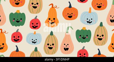Seamless Halloween pumpkin face pattern with colorful carved jack o lanterns in orange, red, green, pink, beige, and raspberry tones on a warm beige background, playful spooky repeat design for fabric, wallpaper, wrapping paper, scrapbook paper, seasonal decor, and festive autumn projects Stock Vector
