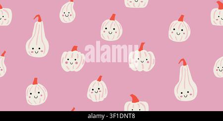 Seamless cute Halloween pumpkin pattern with smiling white pumpkin characters on a dusty pink background, playful minimalist repeat design for kids fabric, nursery wallpaper, baby textiles, wrapping paper, scrapbook paper, and cheerful autumn decor Stock Vector