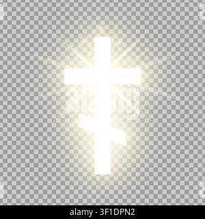 Shining gold Orthodox cross isolated on transparent background. Riligious symbol. Glowing Saint cross. Easter and Christmas sign. Vector illustration Stock Vector