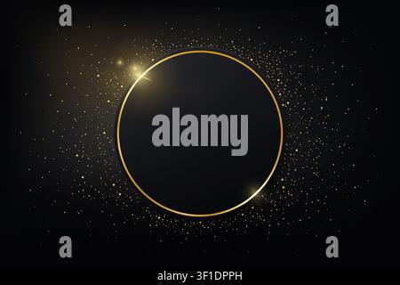 Gold shiny glowing vintage frame with shadows on dark glitter ambient background. Golden luxury realistic round border with stars. Invitation, sale, p Stock Vector