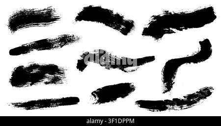 Hand drawn black vector brushes pack isolated on white. Detailed paint splashes. Grungy stripes pattern. Vector illustrator Stock Vector