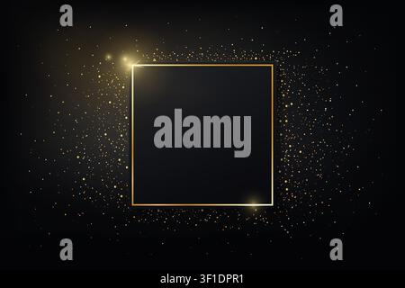 Gold shiny glowing vintage frame with shadows on dark glitter ambient background. Golden luxury realistic square border with stars. Invitation, sale, Stock Vector