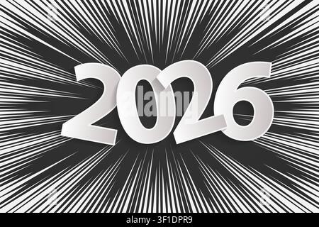 Christmas and New Year 2026 black card concept on radial lines comics style backround. Christmas and Chinese New Year decor. New year card or sale con Stock Vector