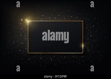 Gold shiny glowing vintage frame with shadows on dark glitter ambient background. Golden luxury realistic rectangle border with stars. Invitation, sal Stock Vector