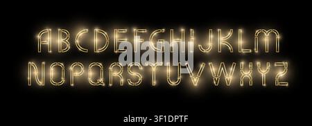 Golden shiny vintage sans-serif modern font isolated on black background. Realistic light effect. Vector illustration Stock Vector