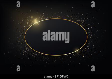 Gold shiny glowing vintage frame with shadows on dark glitter ambient background. Golden luxury realistic oval border with stars. Invitation, sale, pa Stock Vector