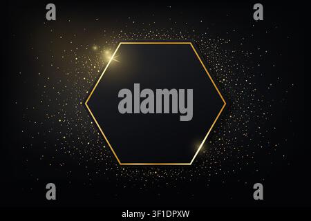 Gold shiny glowing vintage frame with shadows on dark glitter ambient background. Golden luxury realistic hexagon border with stars. Invitation, sale, Stock Vector
